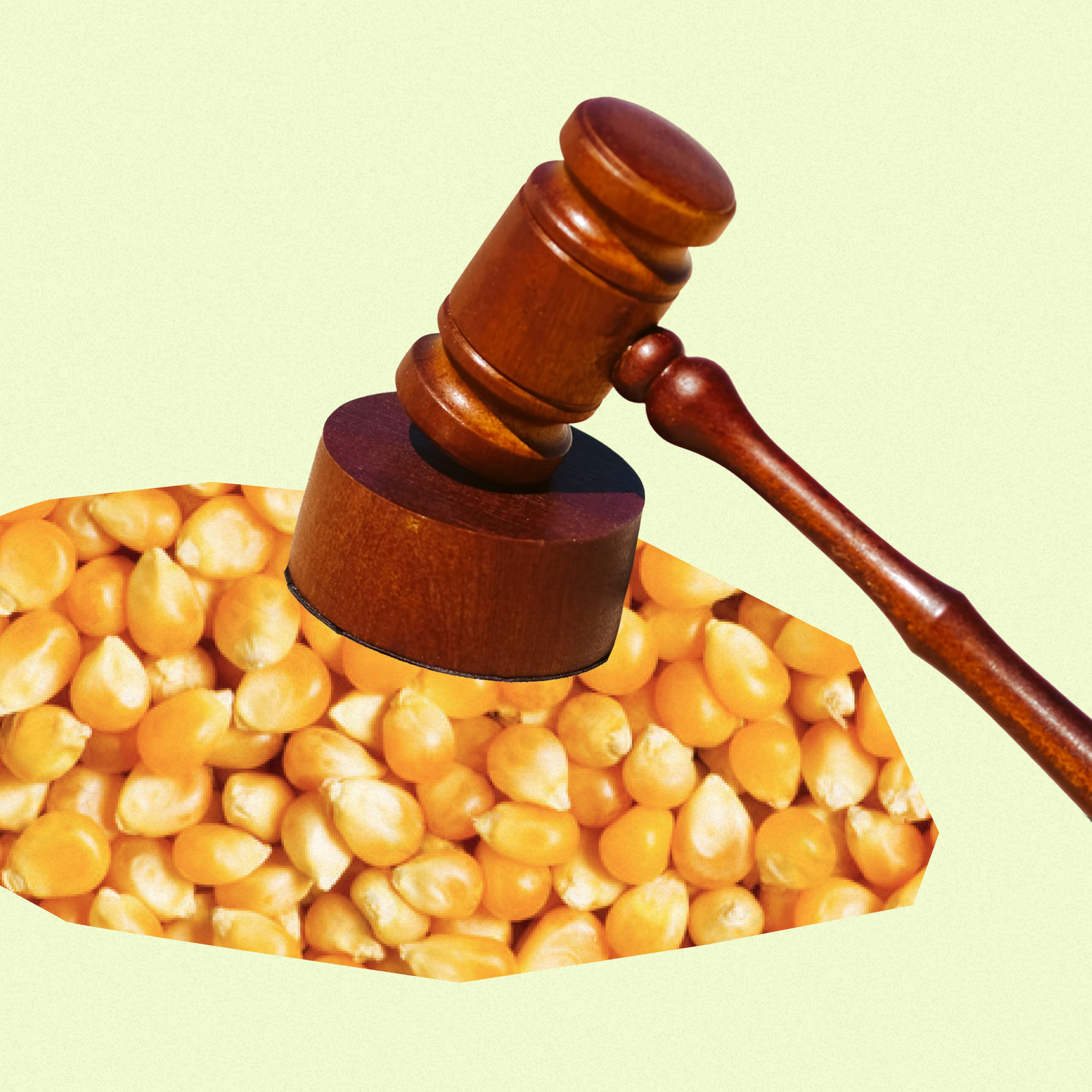 A graphic demonstrating that the food and beverage industry interferes in public policy decisions through food and a gravel.