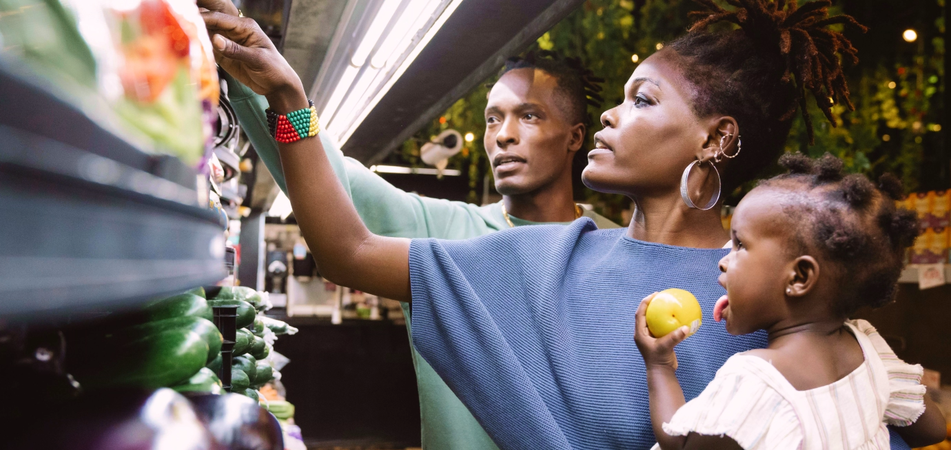 Three consumers shopping for healthy food in their food environments.