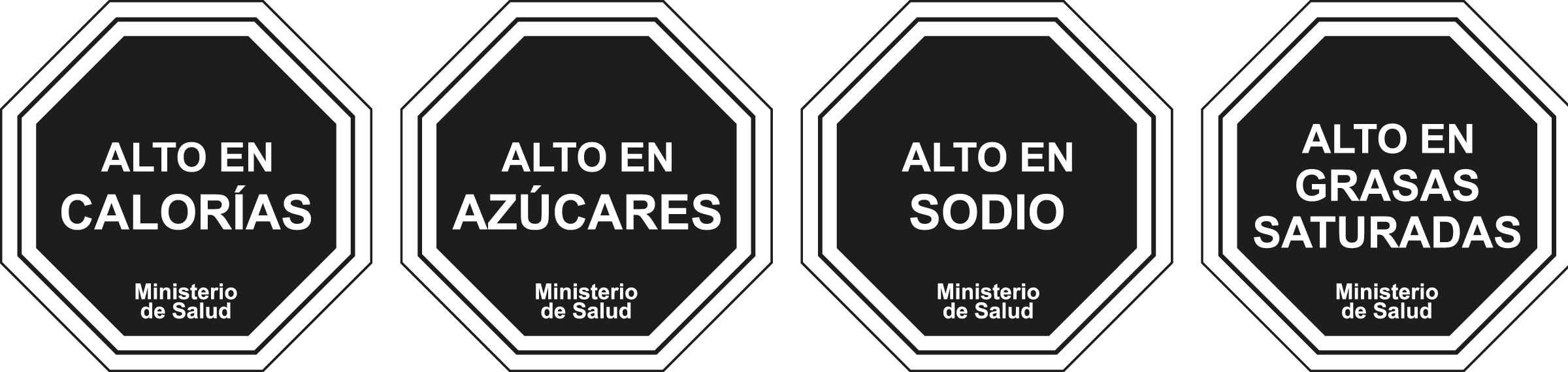 Final design of the warning labels in Chile that highlight products high in sodium, sugar, calories, and saturated fat.