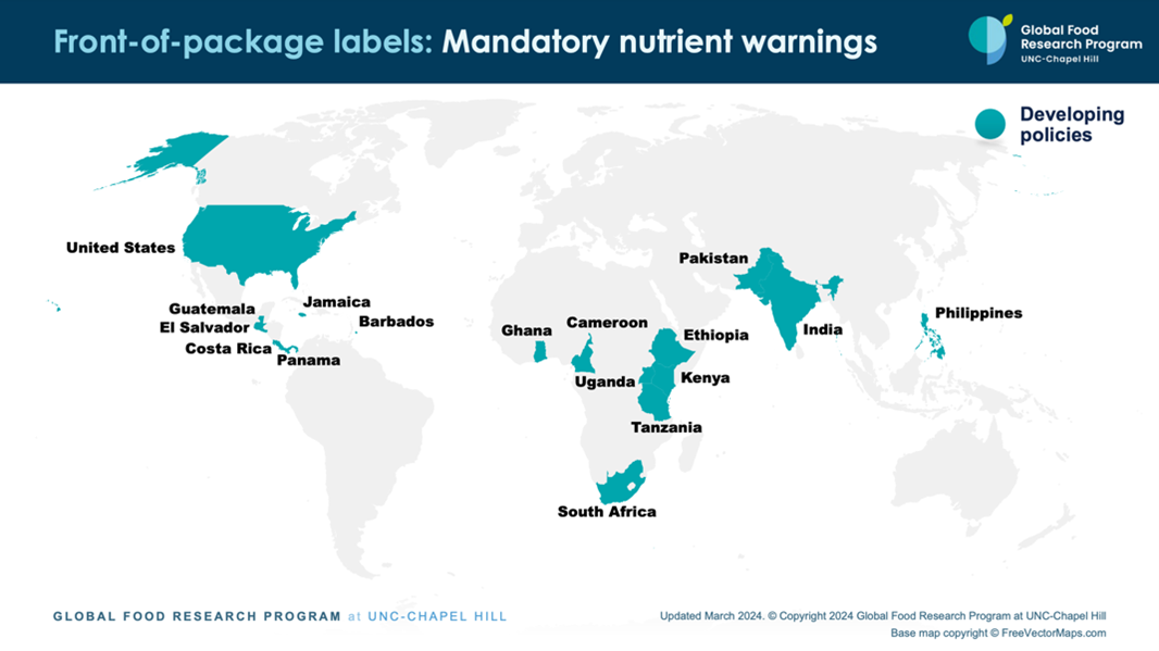 Mandatory nutrient food warning labels map by UNC