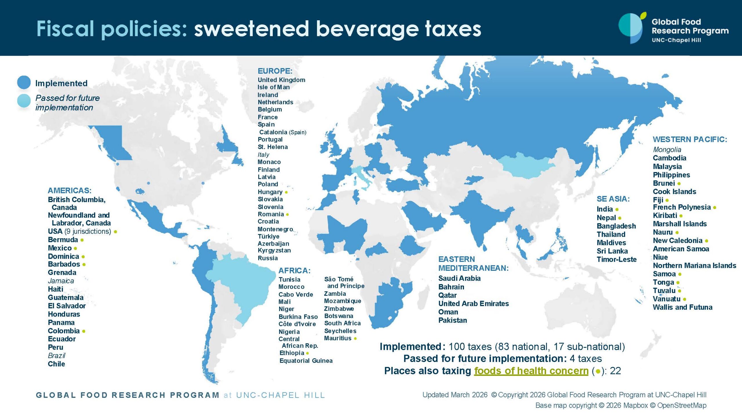 Map from Global Food Research Program at UNC-Chapel Hill that highlights countries that have taxes on sweetened beverages.