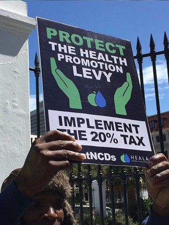 Protestors call for a 20% tax on sugary drinks outside the parliament in Johannesburg. Source: HEALA.