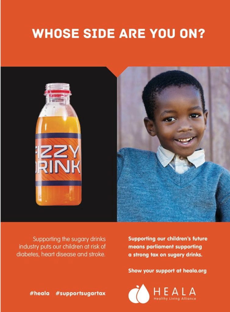 Sugary drink tax advocacy poster from HEALA South Africa