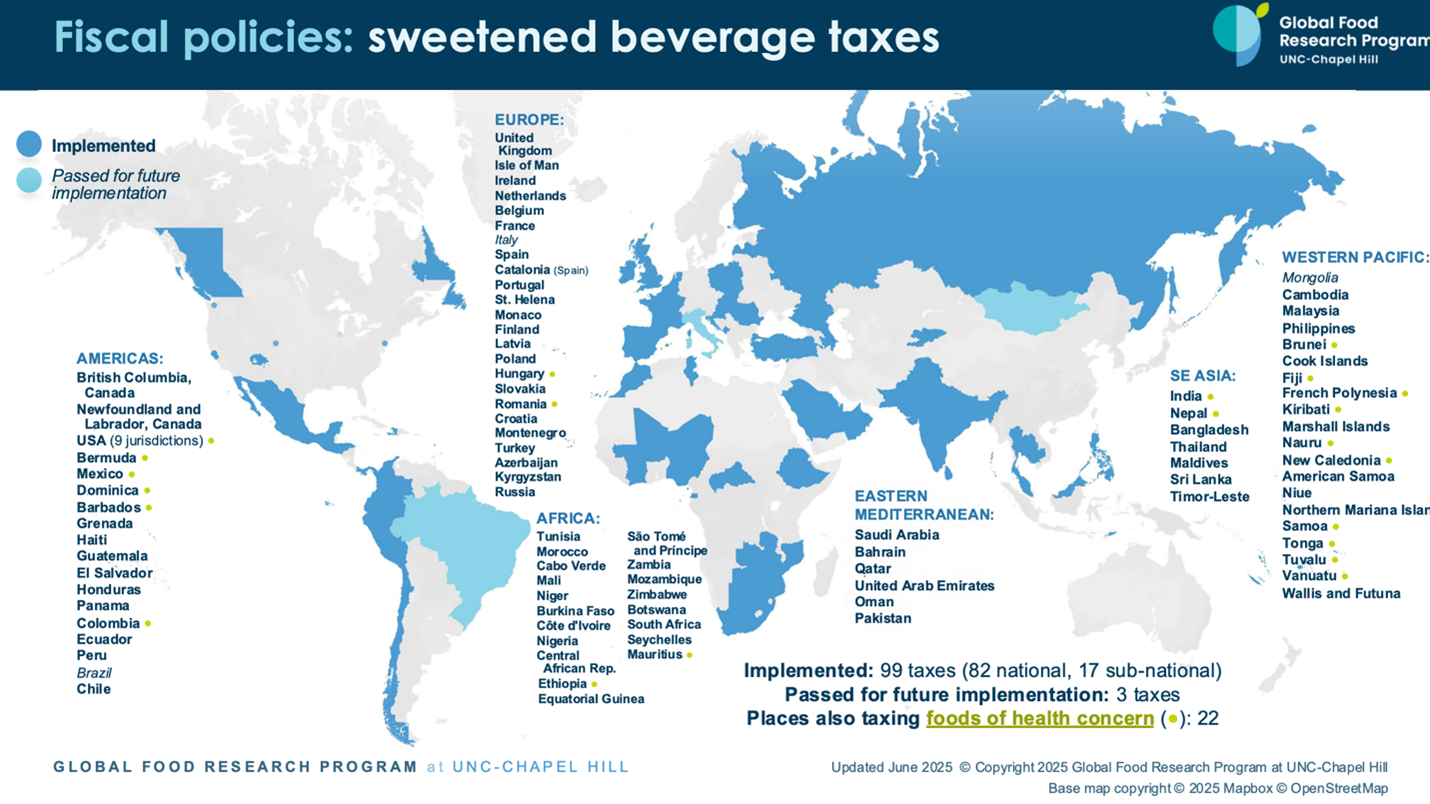 Map of countries with sweetened beverage tax from UNC GFRP