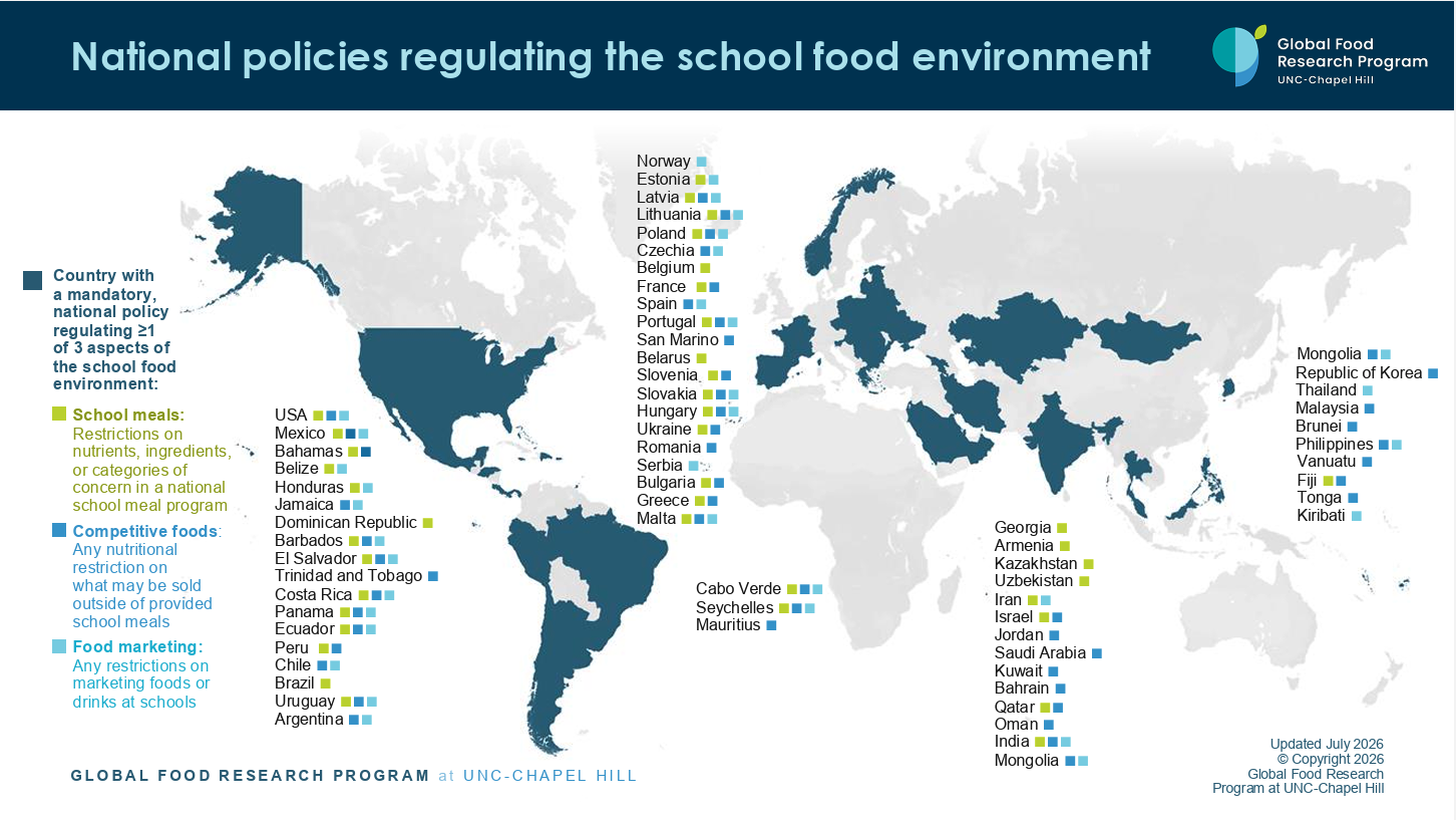 Map of National policies regulating the school food environment from Global Food Research Program at UNC-Chapel Hill.